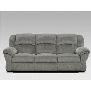 Allure Grey Reclining Sofa. This sofa is made from 100% polyester fabric that has a look and feels like linen while having the durability, strength, and appeal of synthetic fabric.