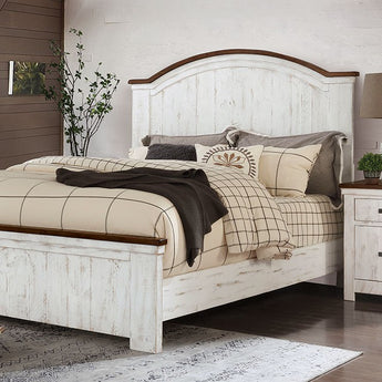 Alyson Bed in Distressed White/Walnut. A distressed-white finish highlights this Alyson bed that establishes a mood of antique integrity. Planked design and arched headboard. Made of sold wood and wood veneer.  