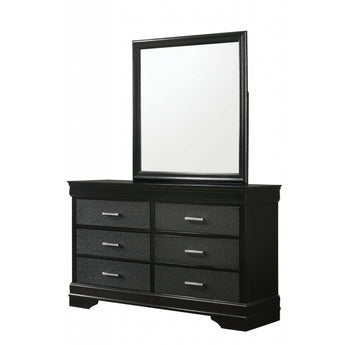 Amalia Black 6-Drawer Dresser.  It is finished in a two-tone black with textured black drawer fronts. Features six drawers that open smoothly on ball-bearing glides. 