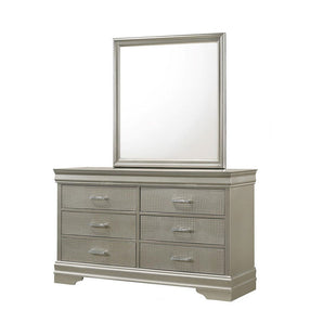 Amalia Silver 6 Drawer Dresser & Mirror Set. Features six drawers adorned with classic metal pulls. Made from hardwood veneers and solid wood.