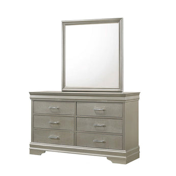 Amalia Silver 6 Drawer Dresser & Mirror Set. Features six drawers adorned with classic metal pulls. Made from hardwood veneers and solid wood.