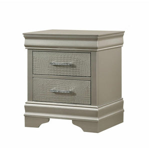 Amalia Silver Nightstand.  It features two drawers adorned with classic metal pulls. Made from hardwood veneers and solids.