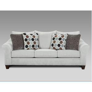 Anna Silver Sofa shows a transitional silhouette, attached back, boxed border seat cushions, gracefully shaped arm, with smooth poly cover with accent pillows. Made from 100% polyester fabric. Hardwood constructed frame. Made in America.