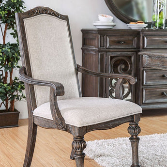 Arcadia Rustic Arm Chair Natural Tone/Ivory. Made of fabric, solid wood and wood veneer. It features intricate wood inlay details and upholstered seat.