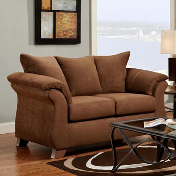Aruba Chocolate Loveseat. The captivating shape of the Aruba Chocolate Loveseat is sure to add character and charm to your living room. It features thick seat cushions, plush large back pillows, and large pillow arms. Made in America.