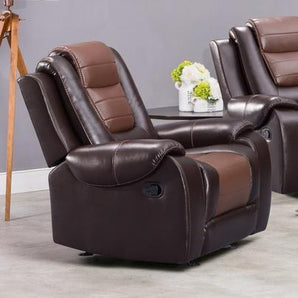 Austin Brown/Red Rocker Recliner features contrast stitching and comes in two-tone brown upholstery with black inset. Upholstered in bonded leather and reclines supremely comfortable. Steel frame constrution.