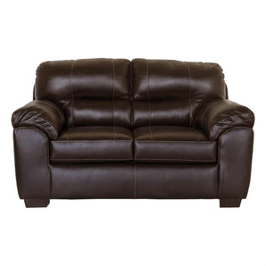 Austin Chocolate Loveseat features beautiful pillow arms, box seat cushion, attach back and dark wooden legs. Made with 100% polypropylene. Made in America.