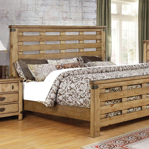 Avantgarde CalKing Bed in Weathered Elm. Escape into a relaxed state with this open and unfettered bed from Avantgarde Collection. It features a slatted headboard and footboard with metal accents. Made from solid wood and wood veneers.