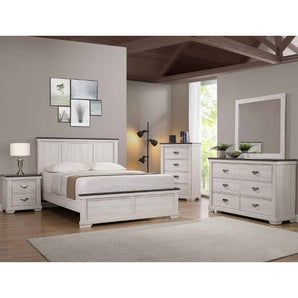 Farmhouse White Bedroom Set - Leighton. This set includes bed, dresser, mirror, chest and nightstand.
