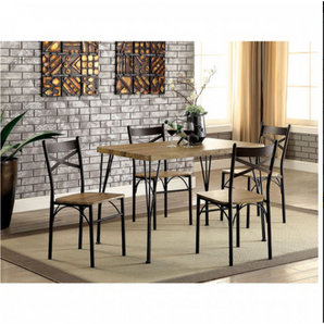 Banbury 5PC Dining Set in Dark Bronze/Natural is an industrial table set. Combining sturdy metal with light wood tones, this table showcases sleek rounded corners supported by unique triple-bar legs. The weathered seats of the chairs complement the design and add contrast to the dark metal frame. This set includes a table and four chairs.