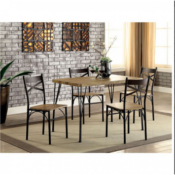 Banbury 5PC Dining Set in Dark Bronze/Natural is an industrial table set. Combining sturdy metal with light wood tones, this table showcases sleek rounded corners supported by unique triple-bar legs. The weathered seats of the chairs complement the design and add contrast to the dark metal frame. This set includes a table and four chairs.