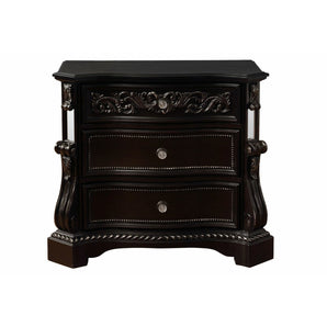Bankston Dark Espresso 3 Drawer Nightstand will fit into any decor. It features three drawers with crystal-like knobs in elaborately carved details.