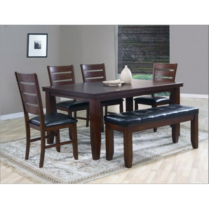 Bardstown 6 Piece Set Dining Table in Walnut. This dining collection is made of rubberwood and birch veneers in walnut finish. It features smooth veneer tabletop and dark color upholstered seats. This set includes 1 table, 4 side chairs and and 1 bench.