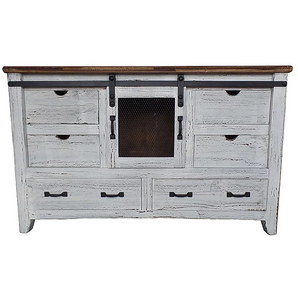 Rustic White 6-Drawer Dresser with One Sliding Barn Door Dresser