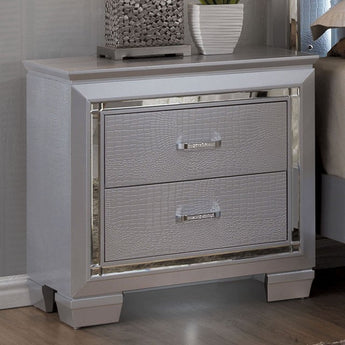 Bellanova Nightstand in Silver. Crocodile-embossed veneer and silver lining panels stand out throughout this nightstand. It has two drawers and the bottom of this nightstand has built-in LED lights to illuminate the mood.
