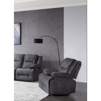 Belmont Grey Rocker Recliner- Gen trade.  It is upholstered in a beautiful quality grey polyester fabric material. Microfiber, foam, steel frame, and extremely soft
