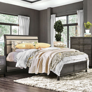 Berenice Calking Bed in Gray. The bed showcases a comfy padded headboard and build with solid wood and wood veneer.