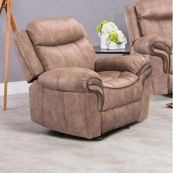Boulder Brown Glider Recliner is upholstered in a beautiful neutral sand color polyester fabric accented with black piping stitching. 