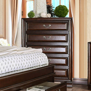 Brandt 5-Drawer Chest in Brown Cherry finish. It is visually stunning and has unrivaled storage space to keep your fabulous new room clutter-free. With a total of five deep drawers, this chest can hold clothes, jewelry, and anything else necessary. The brown cherry finish and antique hardware of this piece give it a subtle elegance.