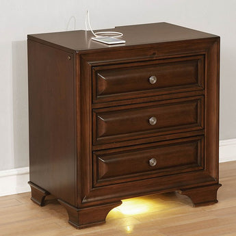 Brandt 3-Drawer Nightstand in Brown Cherry. USB/Power Outlet in Night Stand