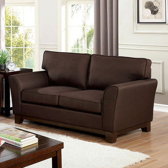 Caldicot Brown Loveseat in Box Cushion Seat. This loveseat features a clean shapes of box cushions, fitted back pillows and smooth flared arm silhouette.