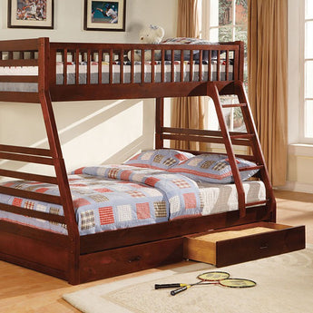 California Twin/Full Bunk Bed in Cherry. Made from solid wood and wood veneer. It has  two under bed drawers included. 10 Pc. Slats Top & Bottom