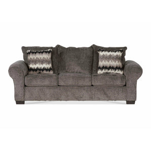 Camero Pewter Sofa. This super-soft, casual sleeper sofa has rolled arms, tapered feet, and 2 accent pillows. Hardwood Constructed Frame.