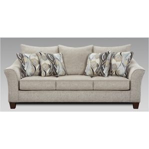 Camero Platinum Sofa. This sofa is covered in a beautiful chenille fabric covered in a platinum finish. 100% polyester fabric. The sofa features flared arms and the accent pillows are also included for added decoration. A matching loveseat is also available.
