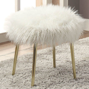 Caoimhe Ottoman in White, Gold. Features a white fur-like upholstery with gold angled legs.