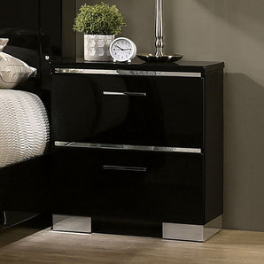 Carlie Nightstand in Black features chrome accents and a high gloss lacquer finish. It has two drawers with USB charger in the nightstand.