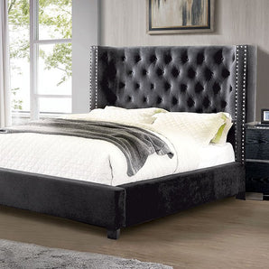 Cayla Upholstered Wingback Bed in Dark Gray. This bed features button-tufted headboard with nailhead trim, wingback design and padded flannelette fabric.