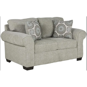 Charisma Linen Loveseat has a relaxed, modern look with sleek track arms and textured linen fabric upholstery. Two accent pillows included.