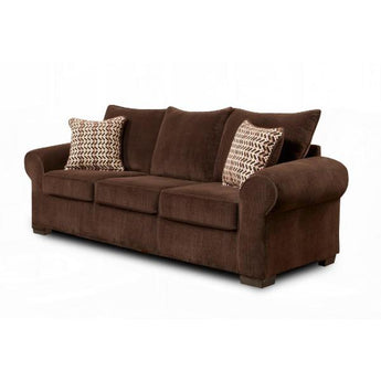 Chevron Mink Sofa comes in a beautiful chocolate fabric. It features loose padded back pillows, padded seat cushions, and padded sock arms. It stands on wooden feet and has contrasting accent pillows. A matching loveseat is also available.