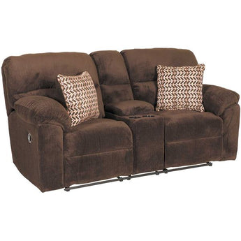 Chevron Mink Reclining Loveseat. It features a cushioned pub-style back, over-padded arms, velvety chocolate-colored upholstery with a unique chevron texture, and a reclining mechanism for infinite comfort possibilities, and a console with handy hidden storage and convenient cup holders. Accent pillows included.