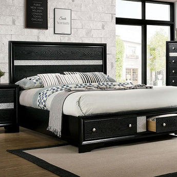 Chrissy Queen Bed in Black with 2 footboard drawers.