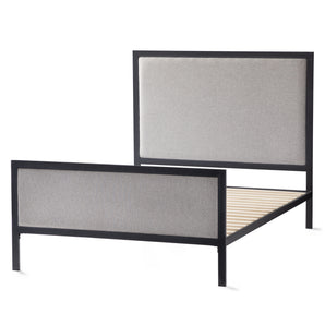 Clarke Upholstered Designer Bed. This bed was inspired by a blend of traditional and modern design to fit into any home, with clean lines, bold metals, and soft textures. The frame is constructed with steel for durability and support. Available in grey, brown and beige color.