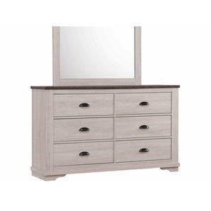 Coralee 6-Drawer Dresser in Antique White. This piece of furniture features metal hardware, clean lines, and bracket feet for a homey design you're sure to love.