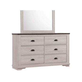 Coralee 6-Drawer Dresser in Antique White. This piece of furniture features metal hardware, clean lines, and bracket feet for a homey design you're sure to love.