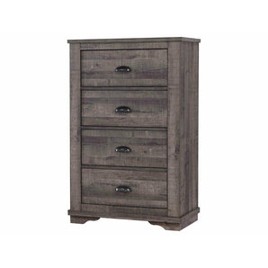 Coralee Driftwood Grey Chest of Drawers. This piece features metal hardware, clean lines, and bracket feet for a homey design you're sure to love. Features 5 drawers.