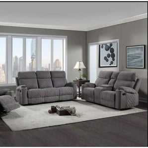 Crawford Warm Grey Reclining Sofa Sofa and Loveseat. Covered in a warm grey fabric cover that is ultra-soft.