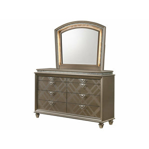 Cristal Glam Dresser & Mirror Set. The dresser features a crisscross design and faux crystal bordering, as well as triangular drawer pulls and spade feet, while the mirror adds LED lighting for even more eye-catching detail.