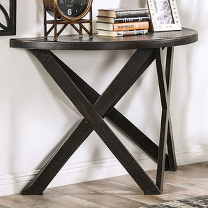 Rustic Black Solid Wood Sofa Table - Culver. The sofa table features a half-circle, solid wood table top held up by a criss-cross X base. Farmhouse Design