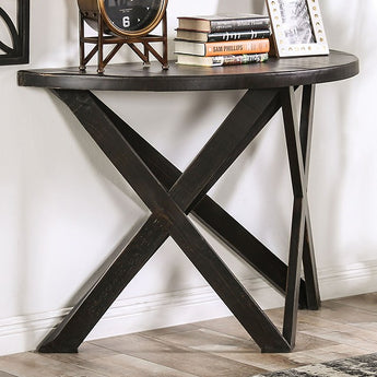 Rustic Black Solid Wood Sofa Table - Culver. The sofa table features a half-circle, solid wood table top held up by a criss-cross X base.  Farmhouse Design