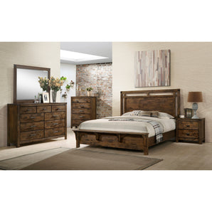 Curtis 5-Piece Bedroom Set Rustic Brown. Each piece pairs decorative metal accents with a rustic finish to create an irresistible look. This set includes bed, chest of drawers, dresser, mirror and nightstand.