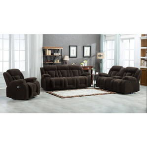 3 Piece Brown Reclining Sofa Set. Reclining sofa with drop down table, loveseat with storage console and glider recliner.