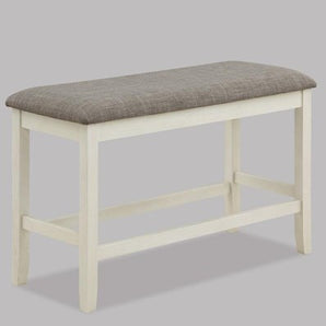Dakota Counter Height Upholstered Bench in Chalk/Grey Color. Upholstered seat in grey fabric and sturdy wooden legs.