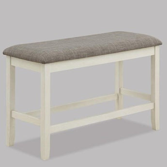Dakota Counter Height Upholstered Bench in Chalk/Grey Color. Upholstered seat in grey fabric and sturdy wooden legs. 