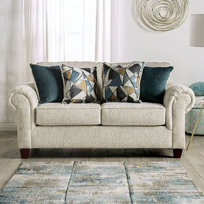 Delgada Beige Loveseat is upholstered in chenille fabric. You will love the softness and warmth this loveseat brings. Accent pillows included. 