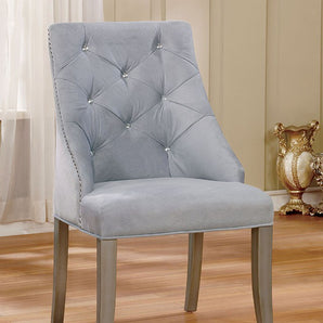 Diocles Flannellette Side Chair in Silver. Features button tufted chair backs, flannelette cushions and nailhead trim.