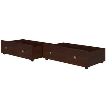 Donco Dual Under Bed Storage Drawers in Dark Cappuccino. The included caster wheels make moving the trundle a snap. Fits under most Donco Kids Twin, Full, or Bunk Bed. Available in dark grey, slate grey, white, light espresso, antique grey, and brown glaze. 